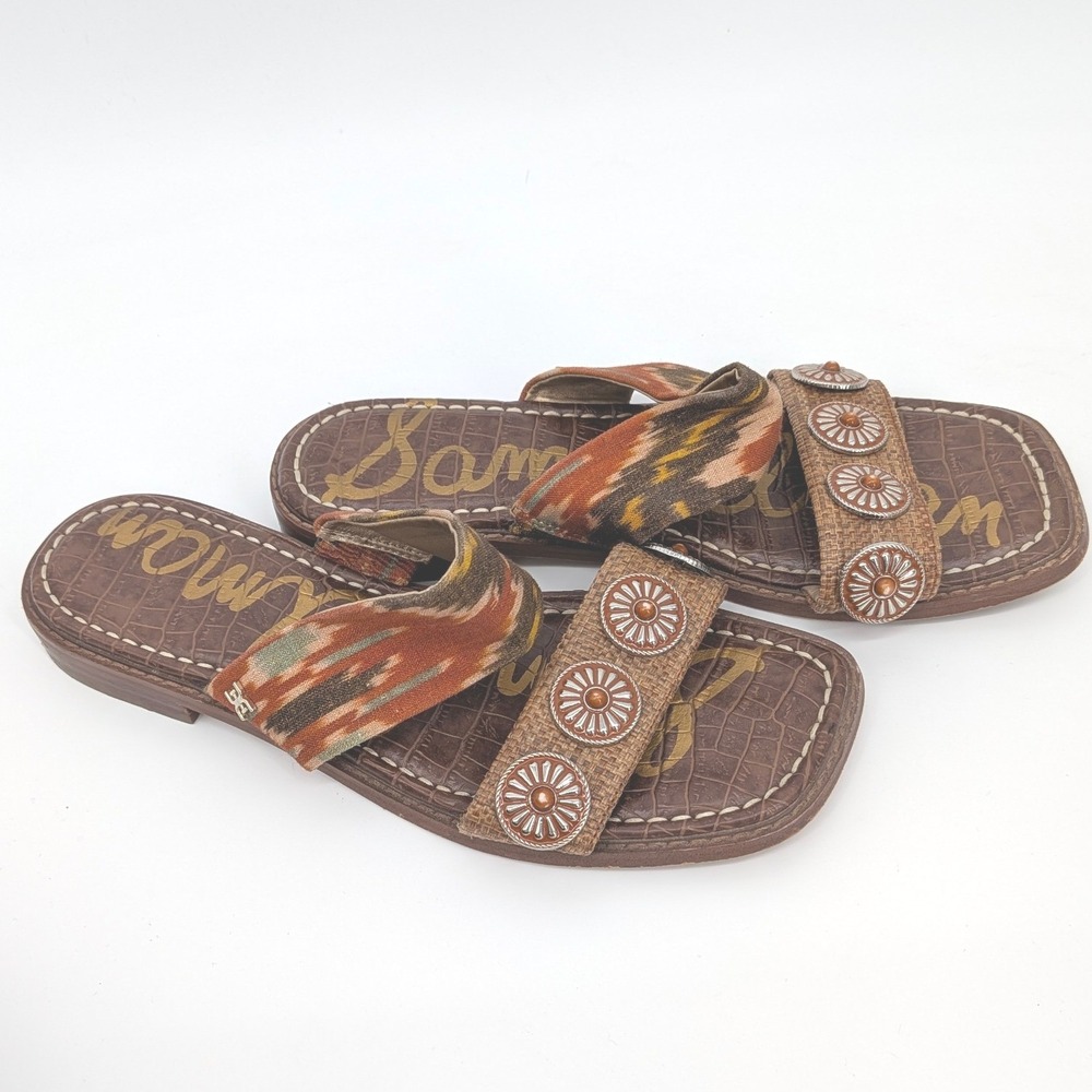 Sam Edelman Hera Slide Sandals Womens 8 Brown Ikat Concho Boho Western Shoes